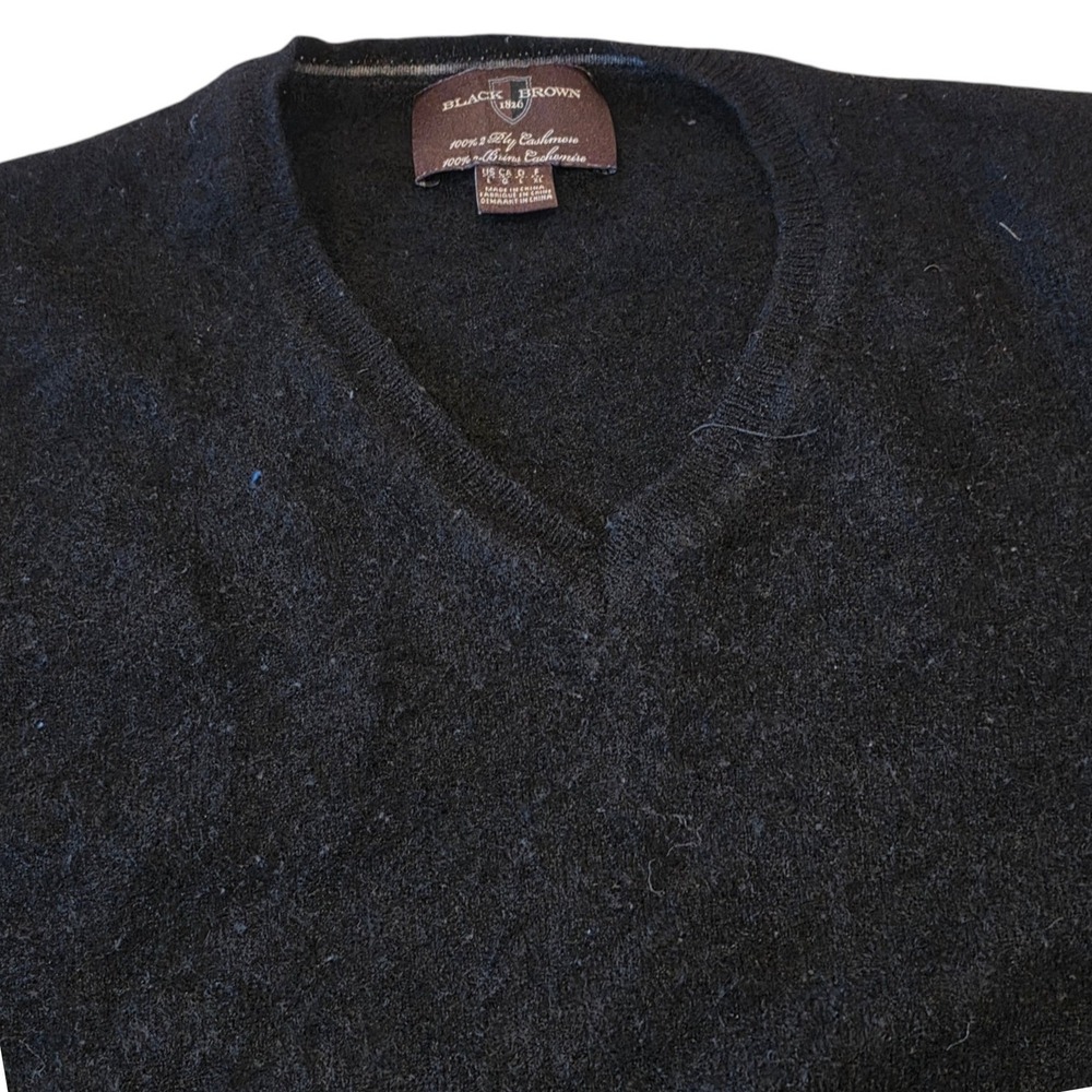 Black Brown 1826 Mens V-Neck Sweater Black 100% 2-Ply Cashmere Large